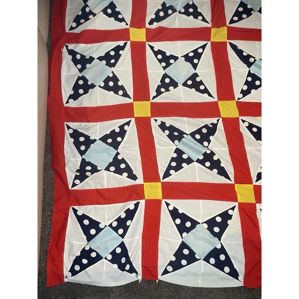Classic Patriotic Americana Quilt Top 64x90 Modern Farmhouse Boho Red Blue Vivid